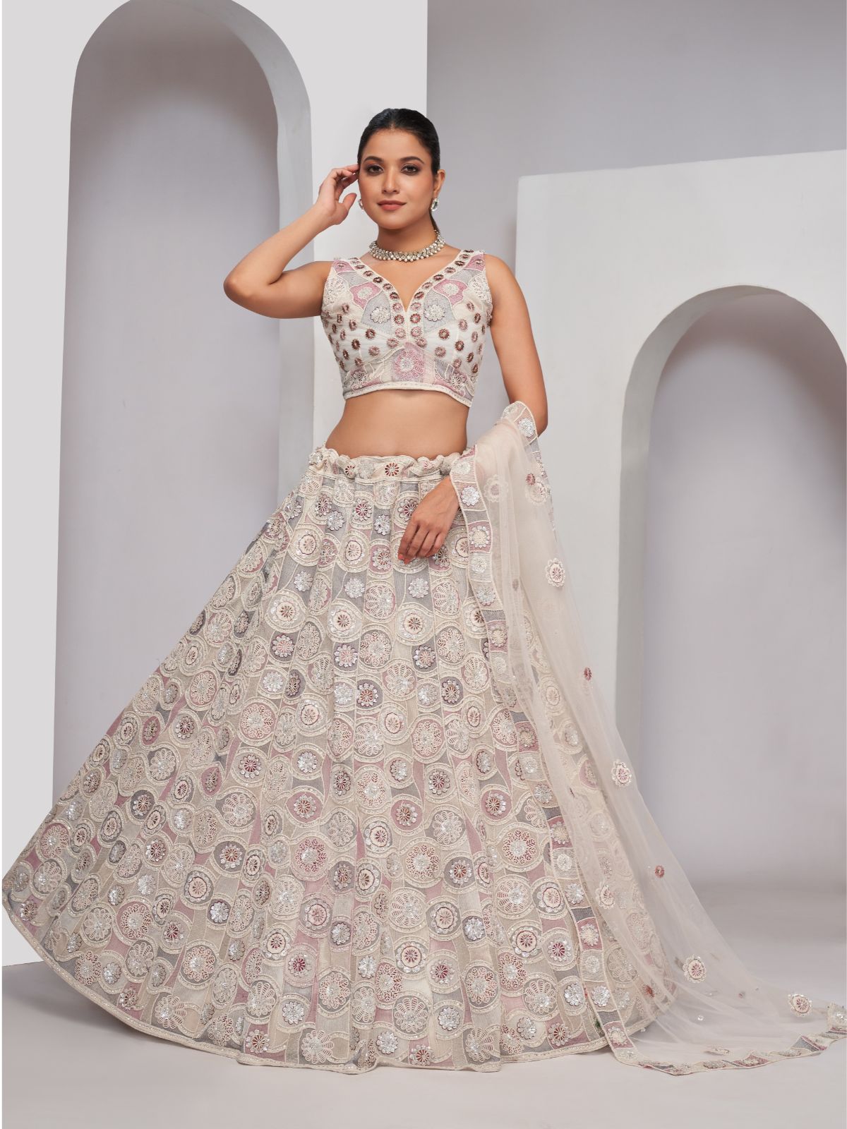 Odette White Soft Net Embroidered Semi Stitched Lehenga With Unstitched Blouse For Women