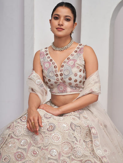 Odette White Soft Net Embroidered Semi Stitched Lehenga With Unstitched Blouse For Women