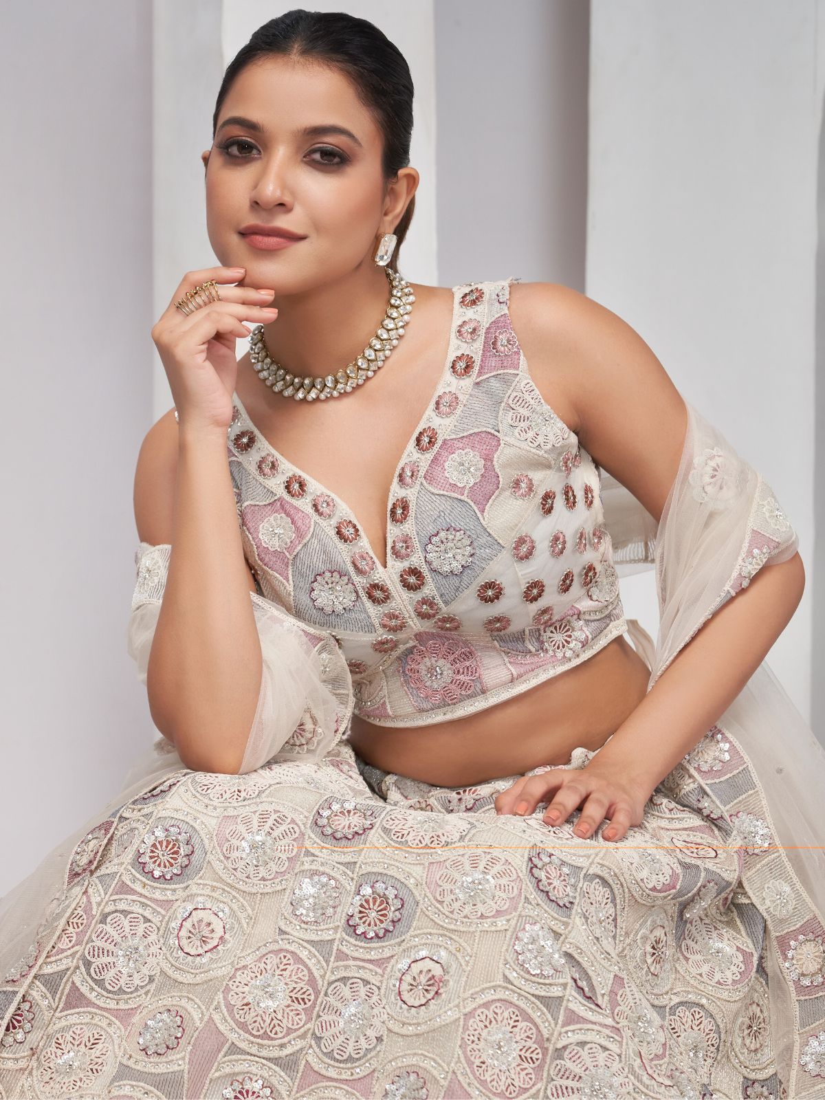 Odette White Soft Net Embroidered Semi Stitched Lehenga With Unstitched Blouse For Women