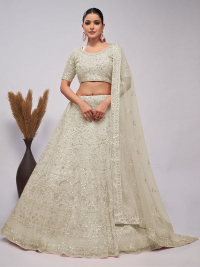 Odette White Soft Net Embroidered Semi Stitched Lehenga With Unstitched Blouse For Women