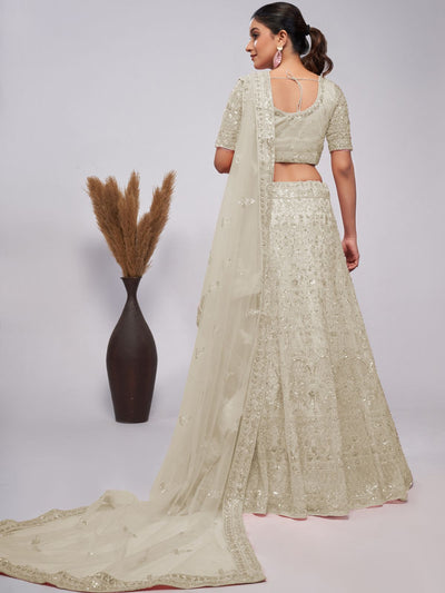 Odette White Soft Net Embroidered Semi Stitched Lehenga With Unstitched Blouse For Women