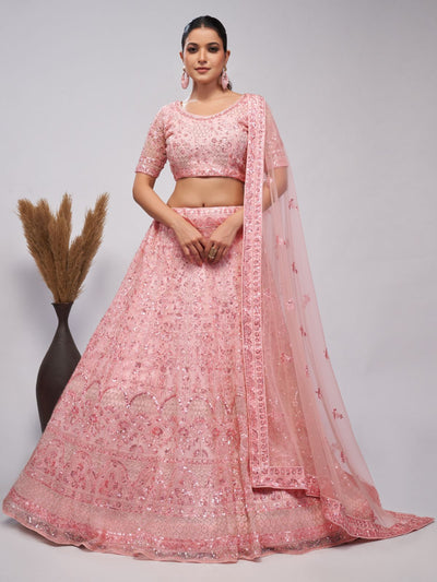 Odette Peach Soft Net Embroidered Semi Stitched Lehenga With Unstitched Blouse For Women