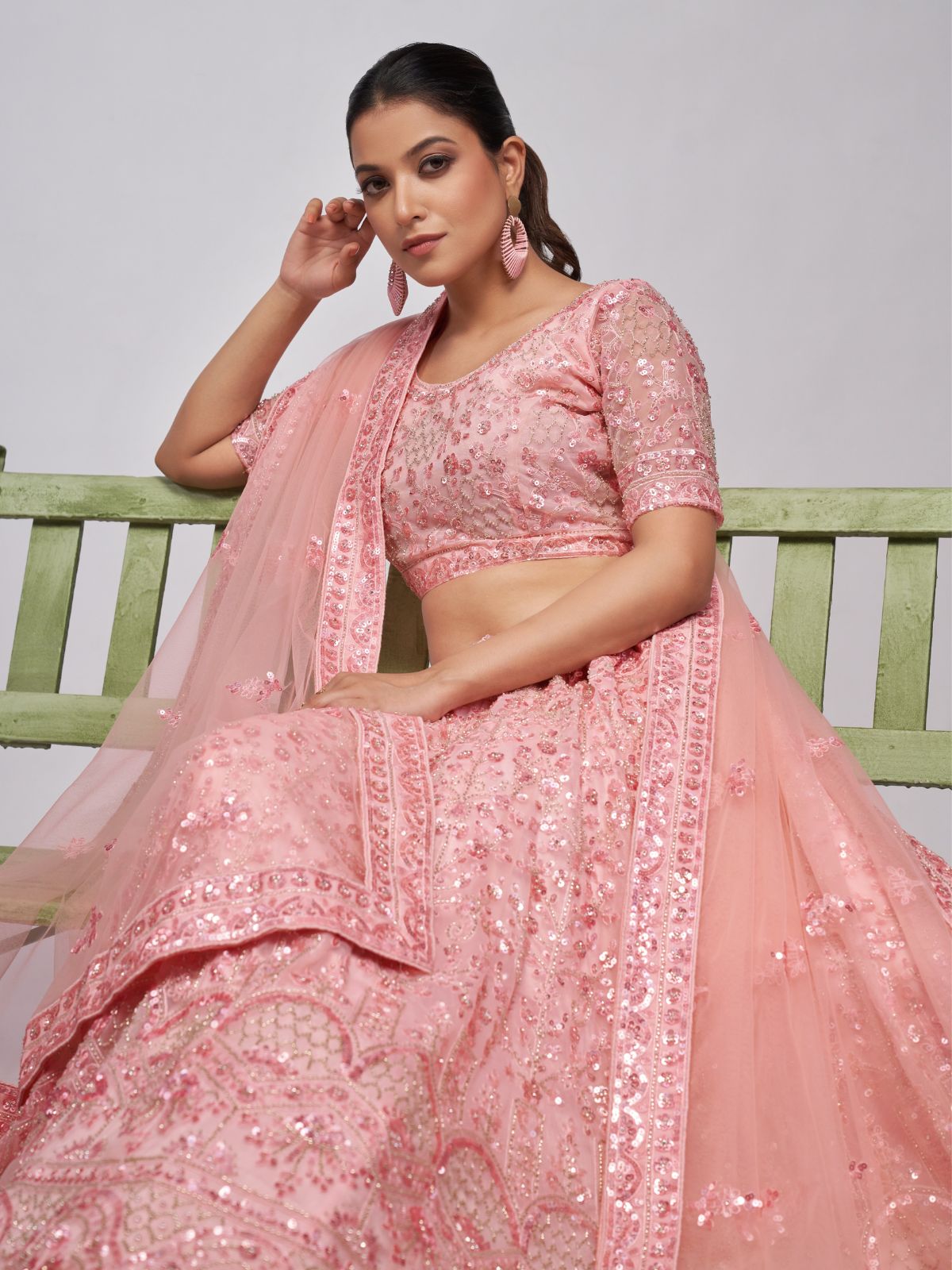 Odette Peach Soft Net Embroidered Semi Stitched Lehenga With Unstitched Blouse For Women