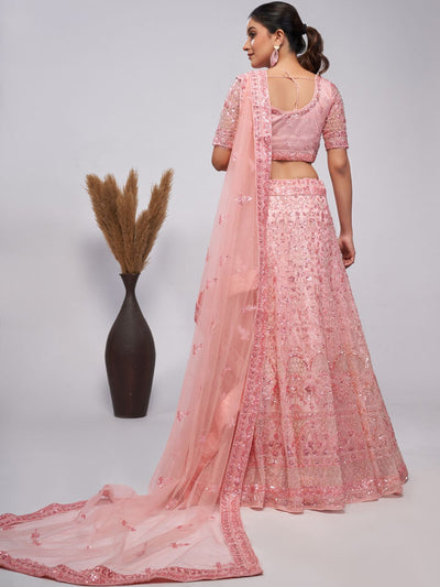 Odette Peach Soft Net Embroidered Semi Stitched Lehenga With Unstitched Blouse For Women