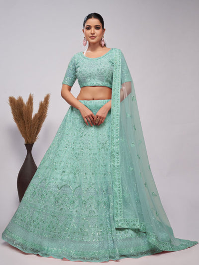 Odette Sky Blue Soft Net Embroidered Semi Stitched Lehenga With Unstitched Blouse For Women