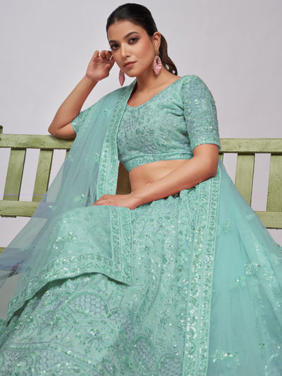 Odette Sky Blue Soft Net Embroidered Semi Stitched Lehenga With Unstitched Blouse For Women