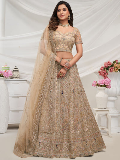 Odette Cream Soft Net Embroidered Semi Stitched Lehenga With Unstitched Blouse For Women