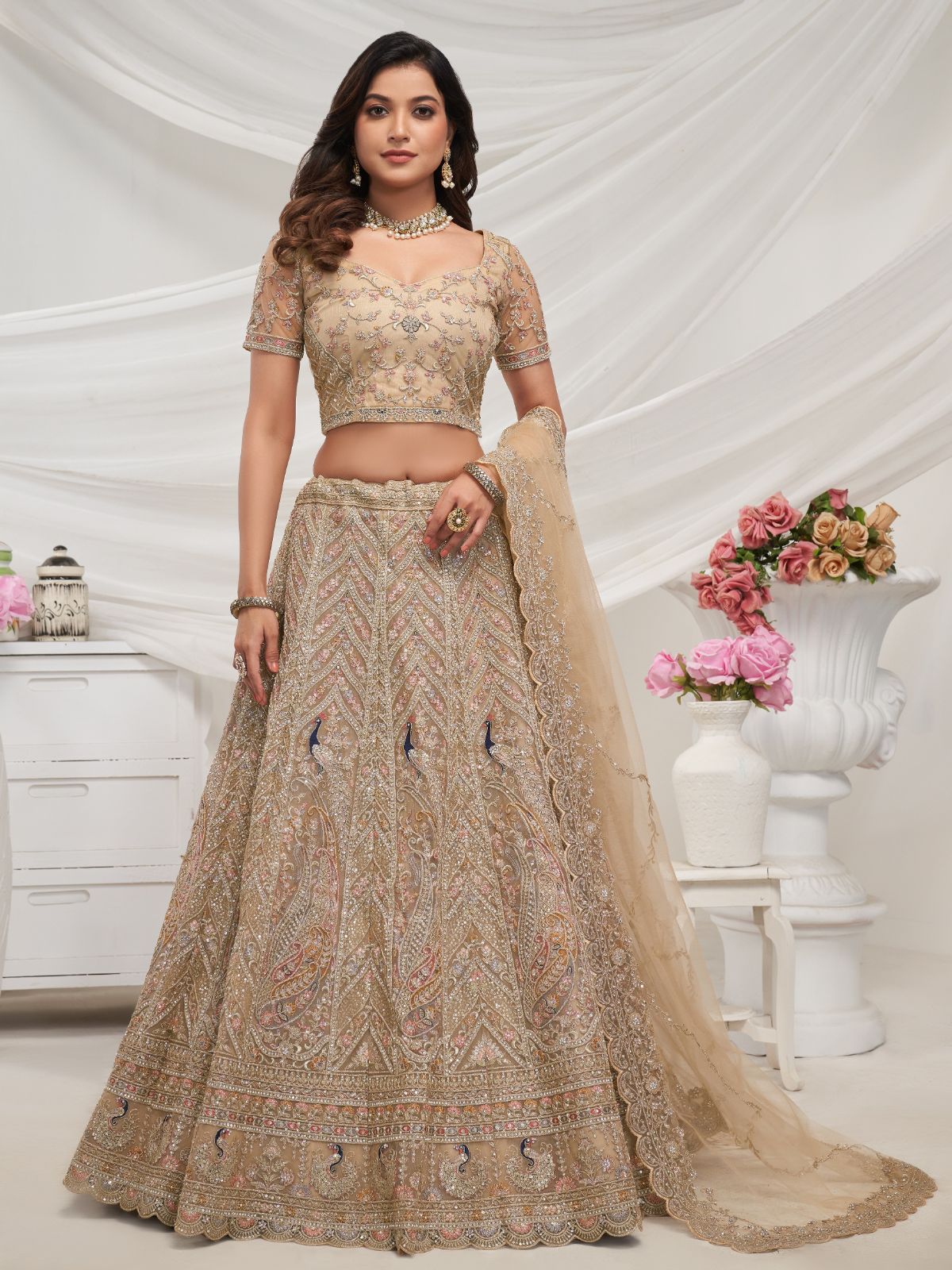 Odette Cream Soft Net Embroidered Semi Stitched Lehenga With Unstitched Blouse For Women