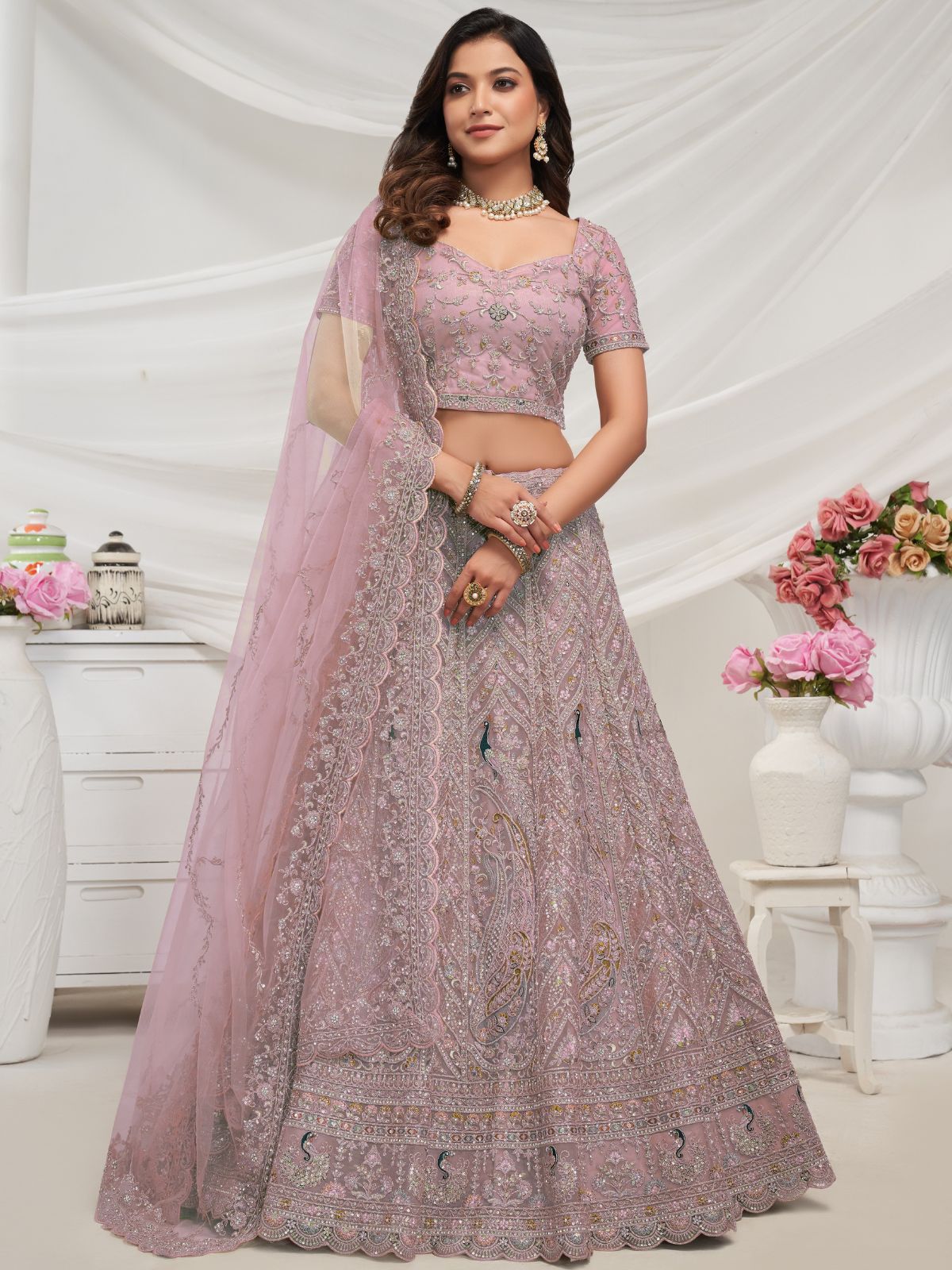 Odette Mauve Soft Net Embroidered Semi Stitched Lehenga With Unstitched Blouse For Women