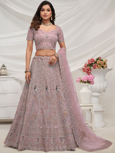 Odette Mauve Soft Net Embroidered Semi Stitched Lehenga With Unstitched Blouse For Women