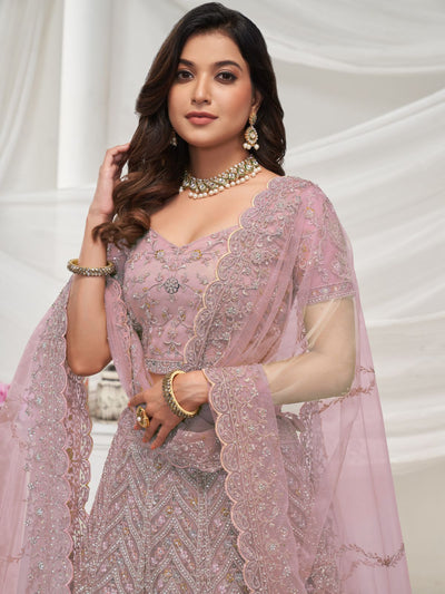 Odette Mauve Soft Net Embroidered Semi Stitched Lehenga With Unstitched Blouse For Women