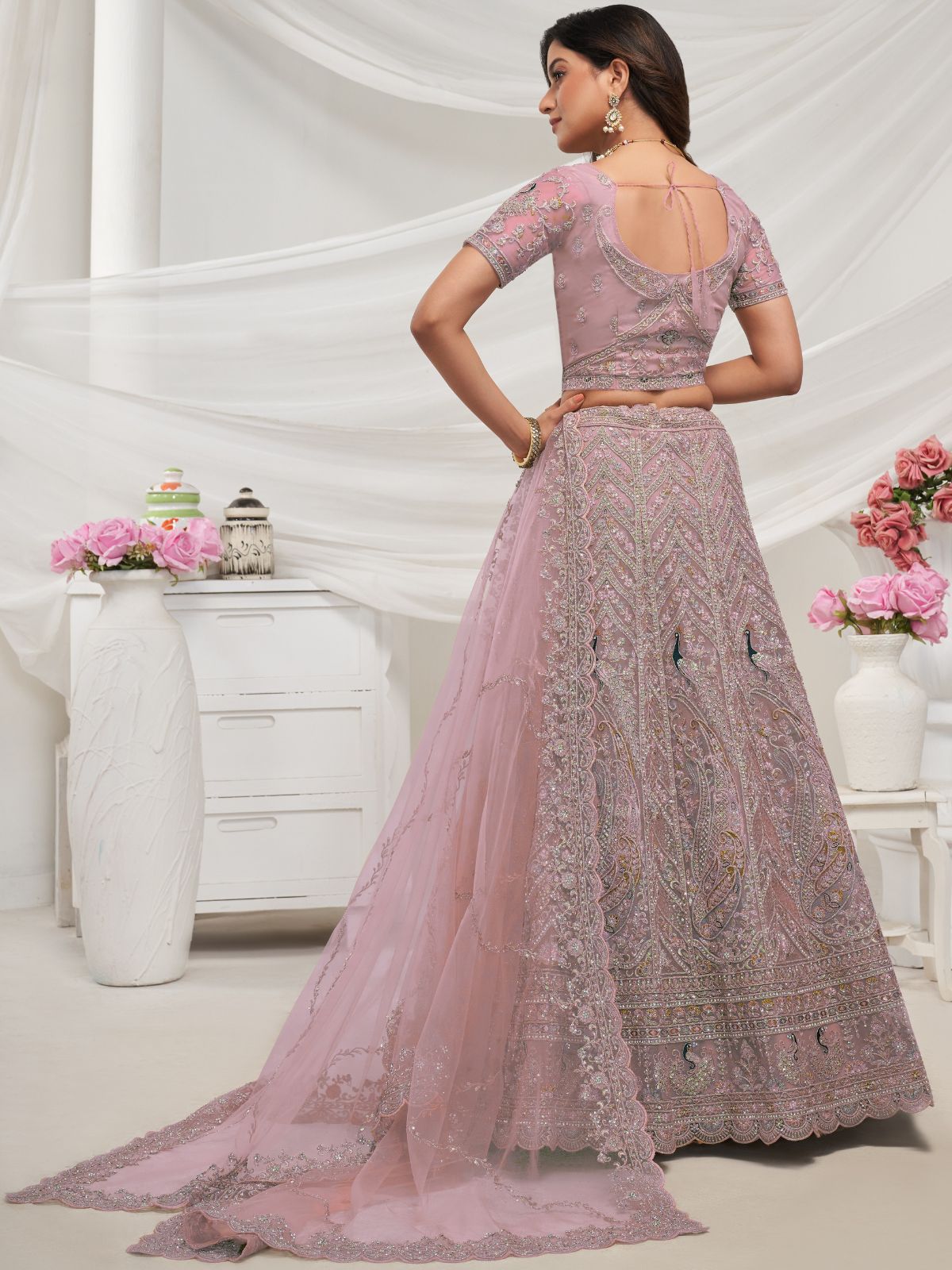 Odette Mauve Soft Net Embroidered Semi Stitched Lehenga With Unstitched Blouse For Women