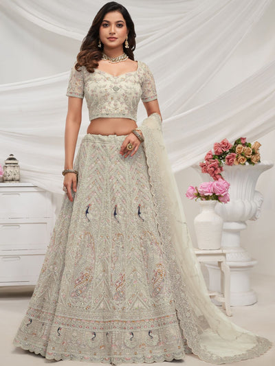 Odette White Soft Net Embroidered Semi Stitched Lehenga With Unstitched Blouse For Women