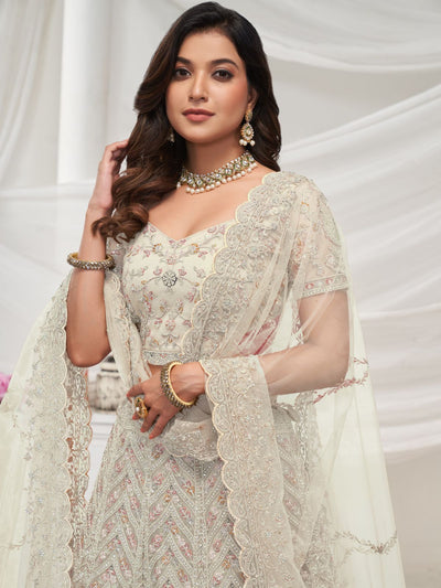 Odette White Soft Net Embroidered Semi Stitched Lehenga With Unstitched Blouse For Women