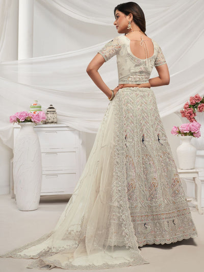 Odette White Soft Net Embroidered Semi Stitched Lehenga With Unstitched Blouse For Women