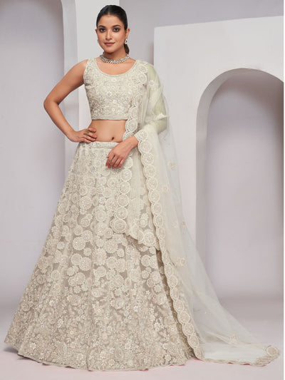 Odette White Soft Net Embroidered Semi Stitched Lehenga With Unstitched Blouse For Women