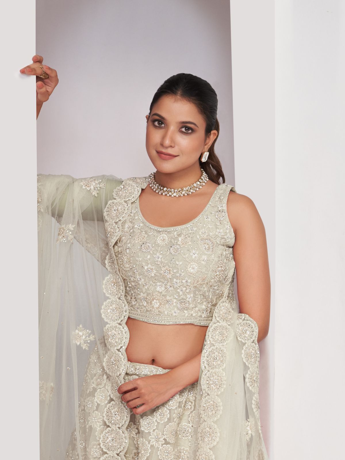 Odette White Soft Net Embroidered Semi Stitched Lehenga With Unstitched Blouse For Women