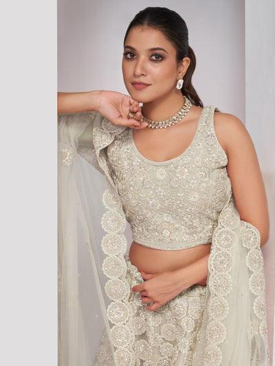 Odette White Soft Net Embroidered Semi Stitched Lehenga With Unstitched Blouse For Women