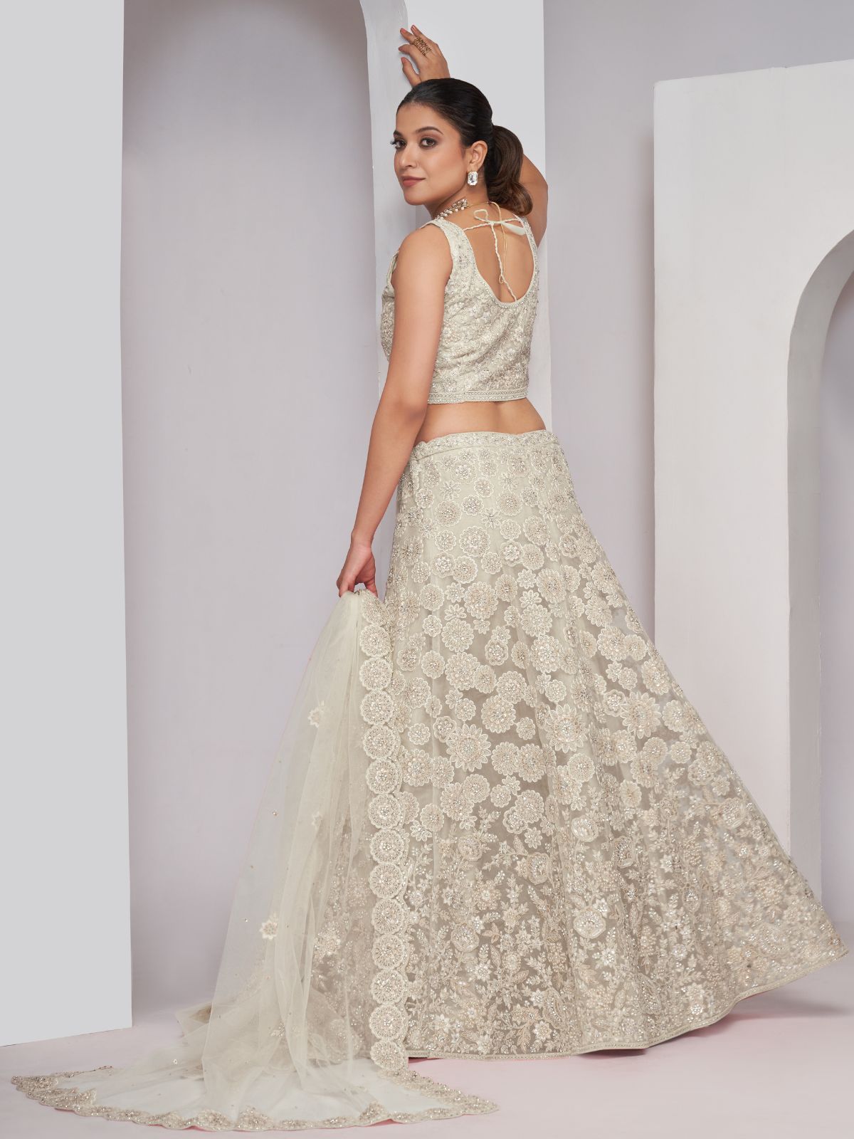 Odette White Soft Net Embroidered Semi Stitched Lehenga With Unstitched Blouse For Women