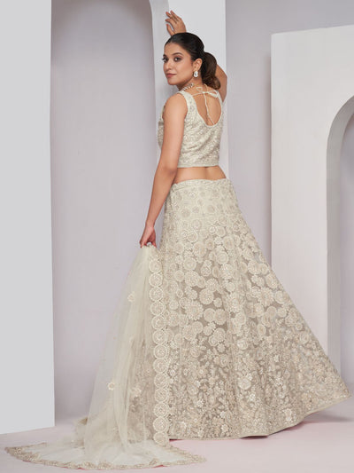 Odette White Soft Net Embroidered Semi Stitched Lehenga With Unstitched Blouse For Women