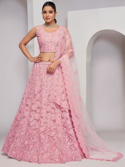 Odette Pink Soft Net Embroidered Semi Stitched Lehenga With Unstitched Blouse For Women