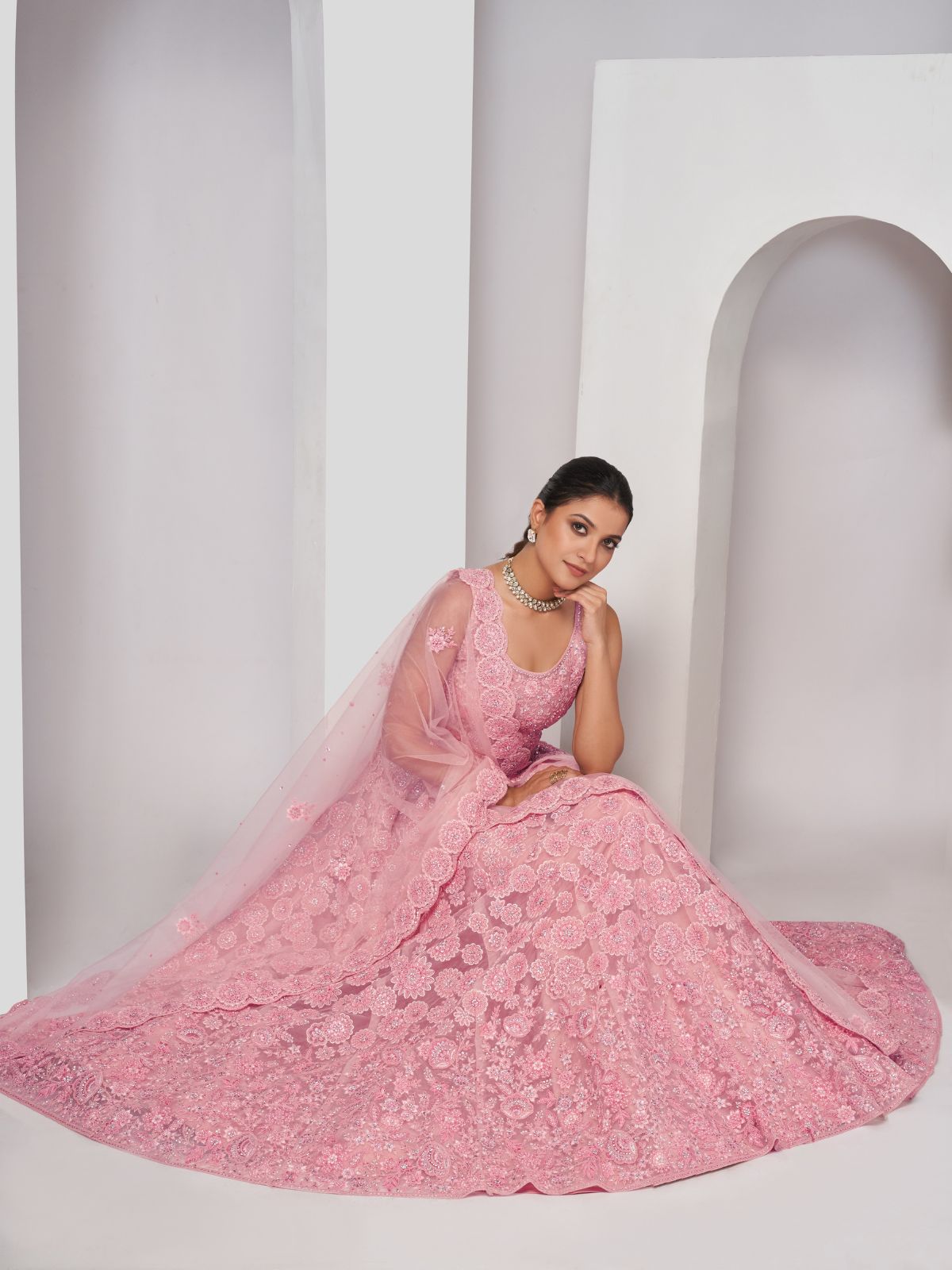 Odette Pink Soft Net Embroidered Semi Stitched Lehenga With Unstitched Blouse For Women