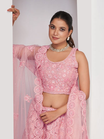 Odette Pink Soft Net Embroidered Semi Stitched Lehenga With Unstitched Blouse For Women