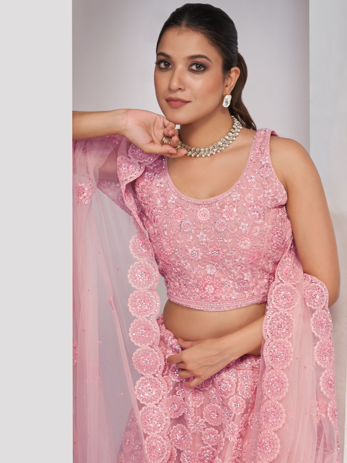 Odette Pink Soft Net Embroidered Semi Stitched Lehenga With Unstitched Blouse For Women