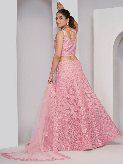 Odette Pink Soft Net Embroidered Semi Stitched Lehenga With Unstitched Blouse For Women