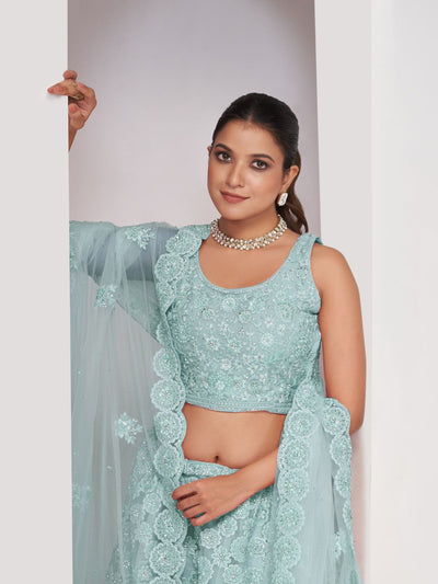 Odette Sky Blue Soft Net Embroidered Semi Stitched Lehenga With Unstitched Blouse For Women