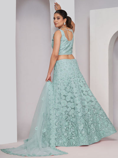 Odette Sky Blue Soft Net Embroidered Semi Stitched Lehenga With Unstitched Blouse For Women