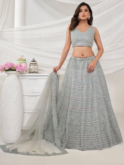 Odette Grey Soft Net Embroidered Semi Stitched Lehenga With Unstitched Blouse For Women