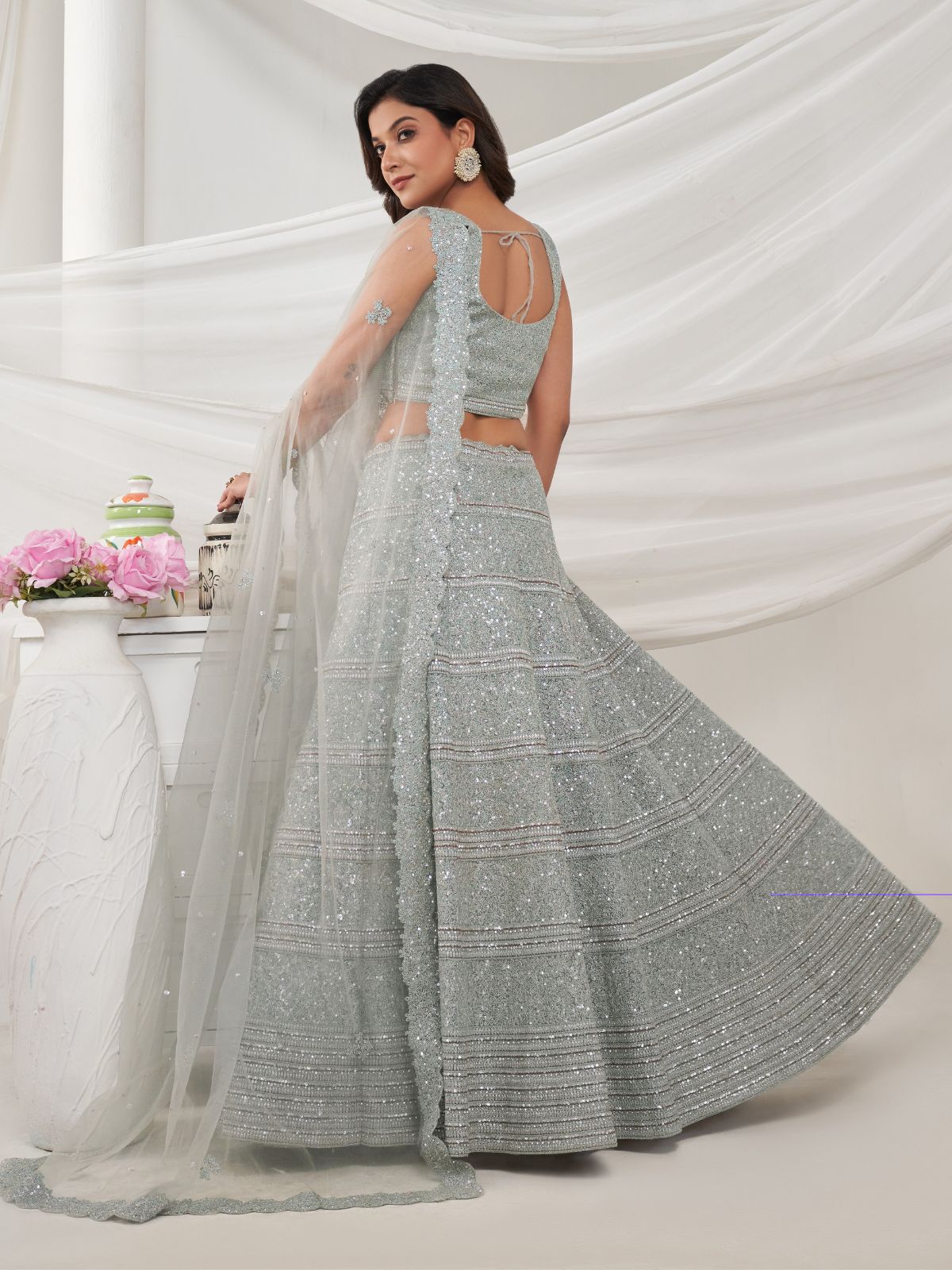 Odette Grey Soft Net Embroidered Semi Stitched Lehenga With Unstitched Blouse For Women