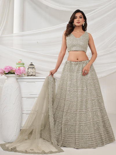 Odette White Soft Net Embroidered Semi Stitched Lehenga With Unstitched Blouse For Women