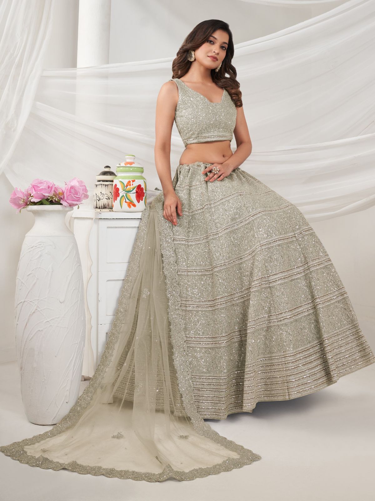 Odette White Soft Net Embroidered Semi Stitched Lehenga With Unstitched Blouse For Women