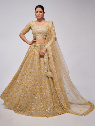 Odette Golden Soft Net Embroidered Semi Stitched Lehenga With Unstitched Blouse For Women