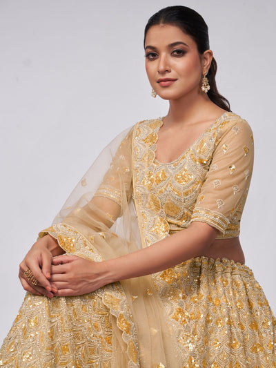 Odette Golden Soft Net Embroidered Semi Stitched Lehenga With Unstitched Blouse For Women