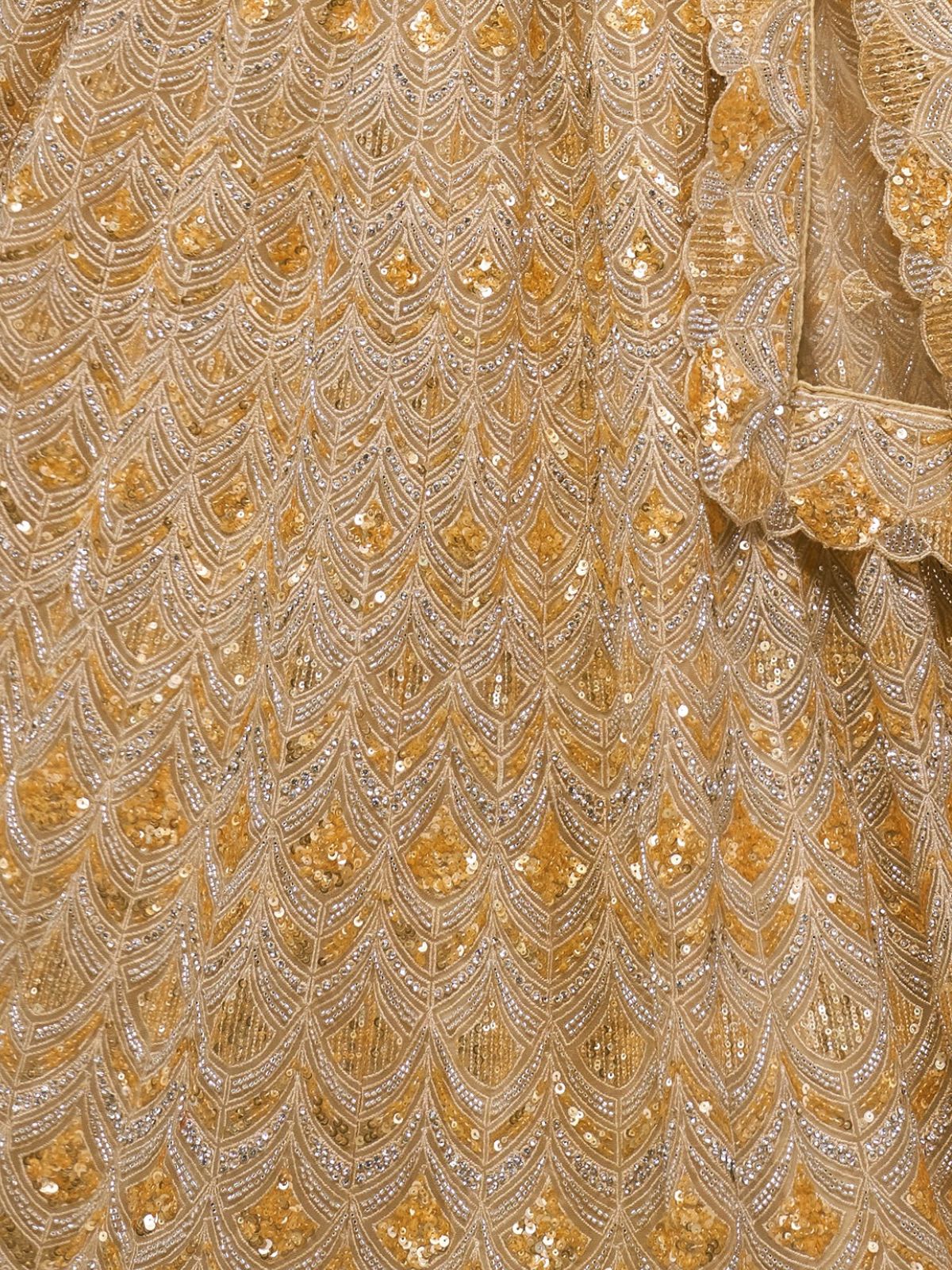 Odette Golden Soft Net Embroidered Semi Stitched Lehenga With Unstitched Blouse For Women