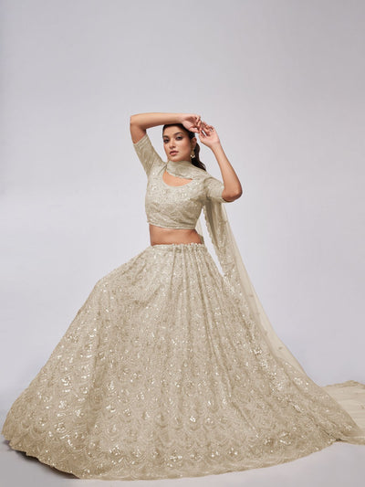 Odette White Soft Net Embroidered Semi Stitched Lehenga With Unstitched Blouse For Women