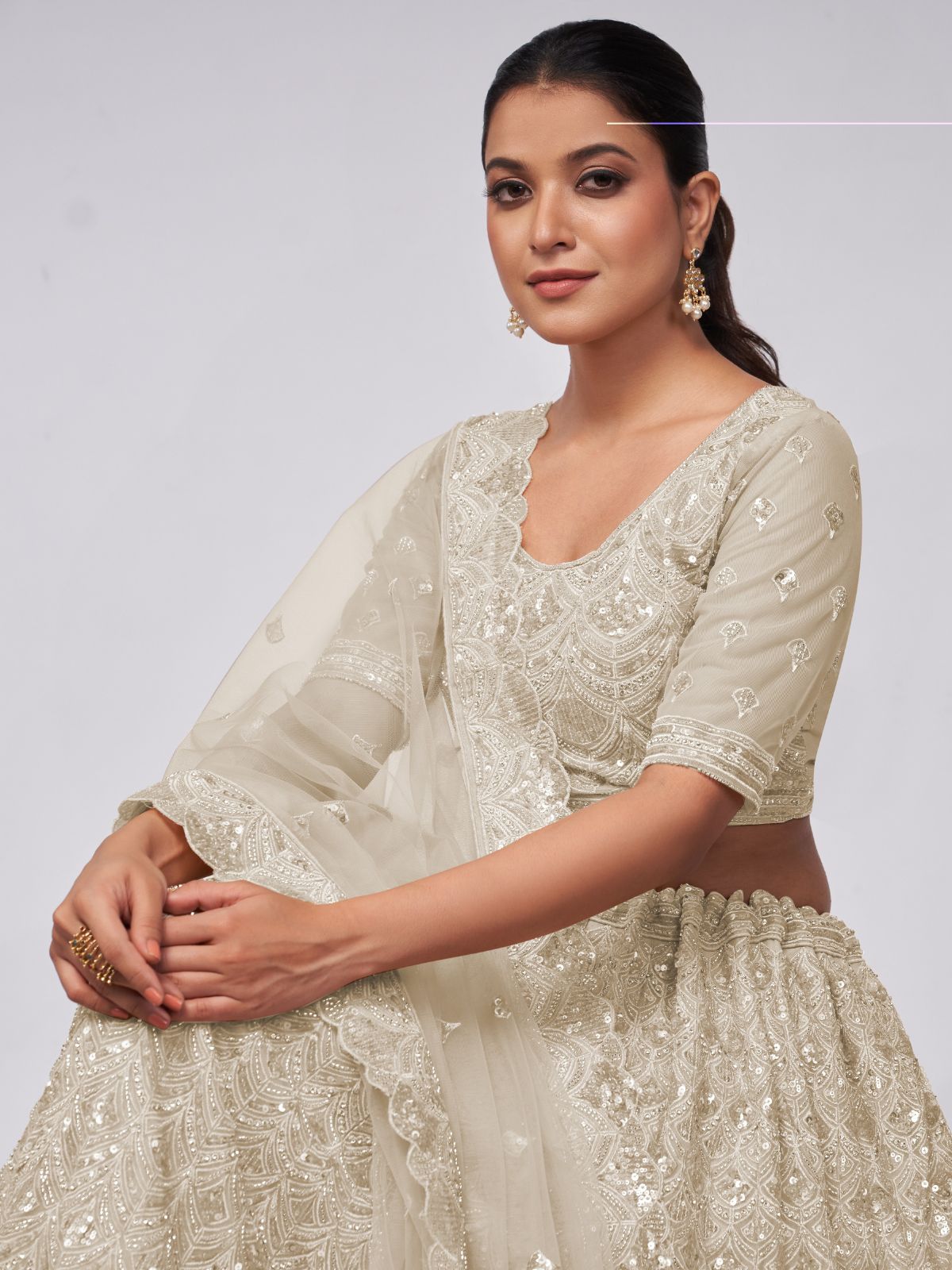 Odette White Soft Net Embroidered Semi Stitched Lehenga With Unstitched Blouse For Women