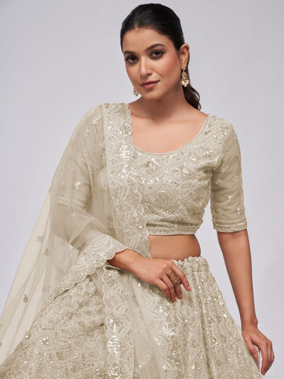 Odette White Soft Net Embroidered Semi Stitched Lehenga With Unstitched Blouse For Women