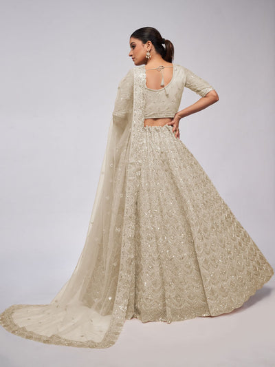 Odette White Soft Net Embroidered Semi Stitched Lehenga With Unstitched Blouse For Women