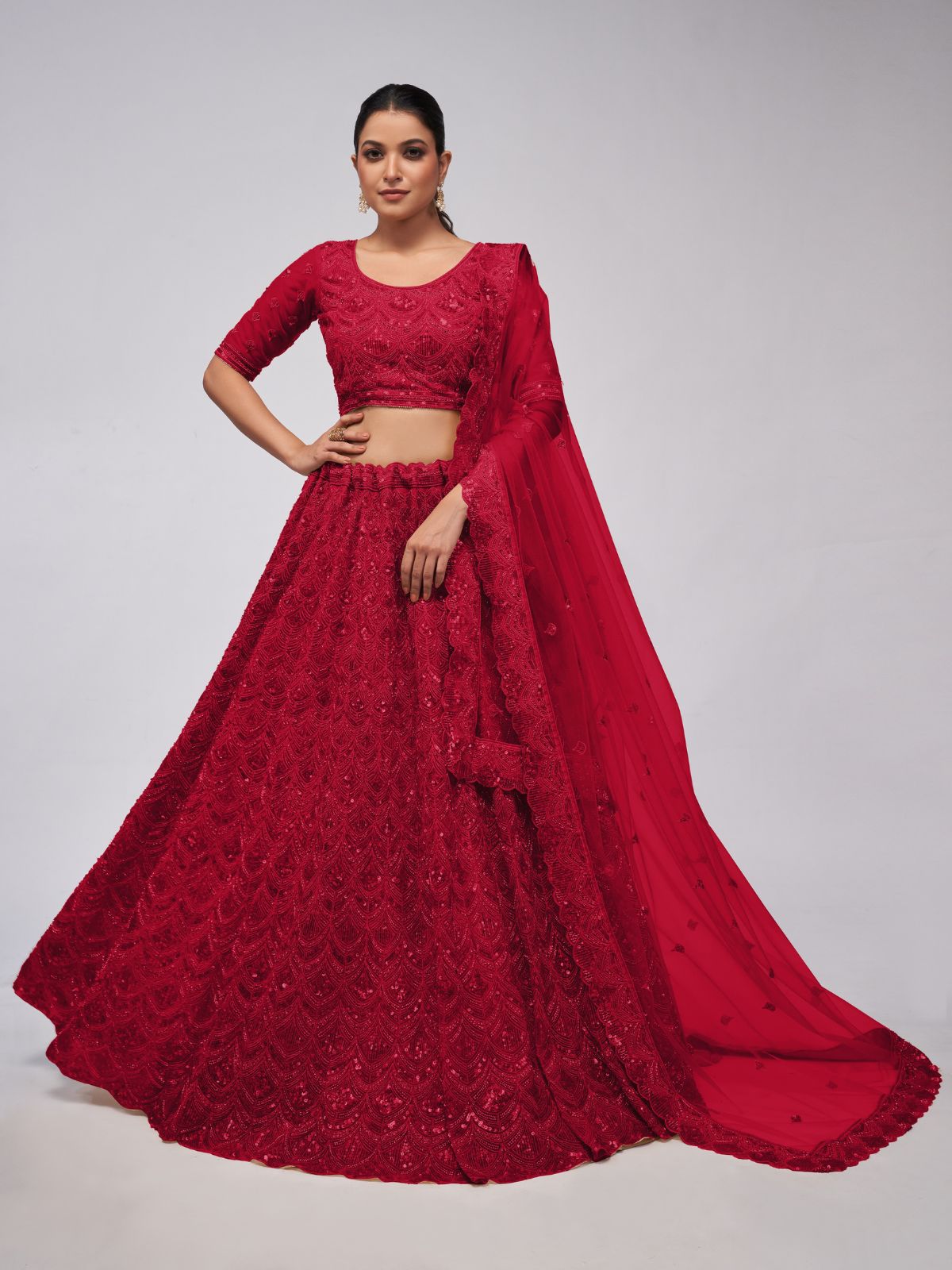 Odette Red Soft Net Embroidered Semi Stitched Lehenga With Unstitched Blouse For Women