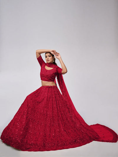 Odette Red Soft Net Embroidered Semi Stitched Lehenga With Unstitched Blouse For Women