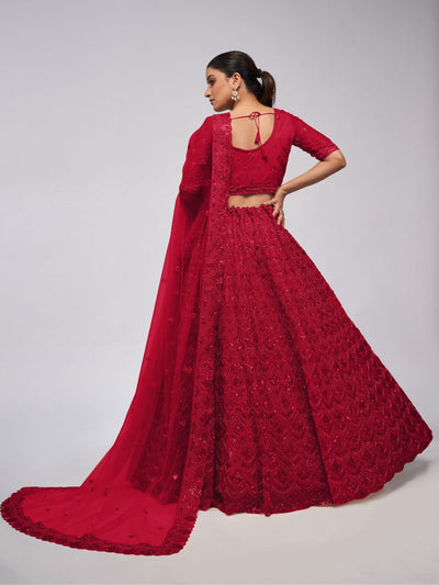 Odette Red Soft Net Embroidered Semi Stitched Lehenga With Unstitched Blouse For Women