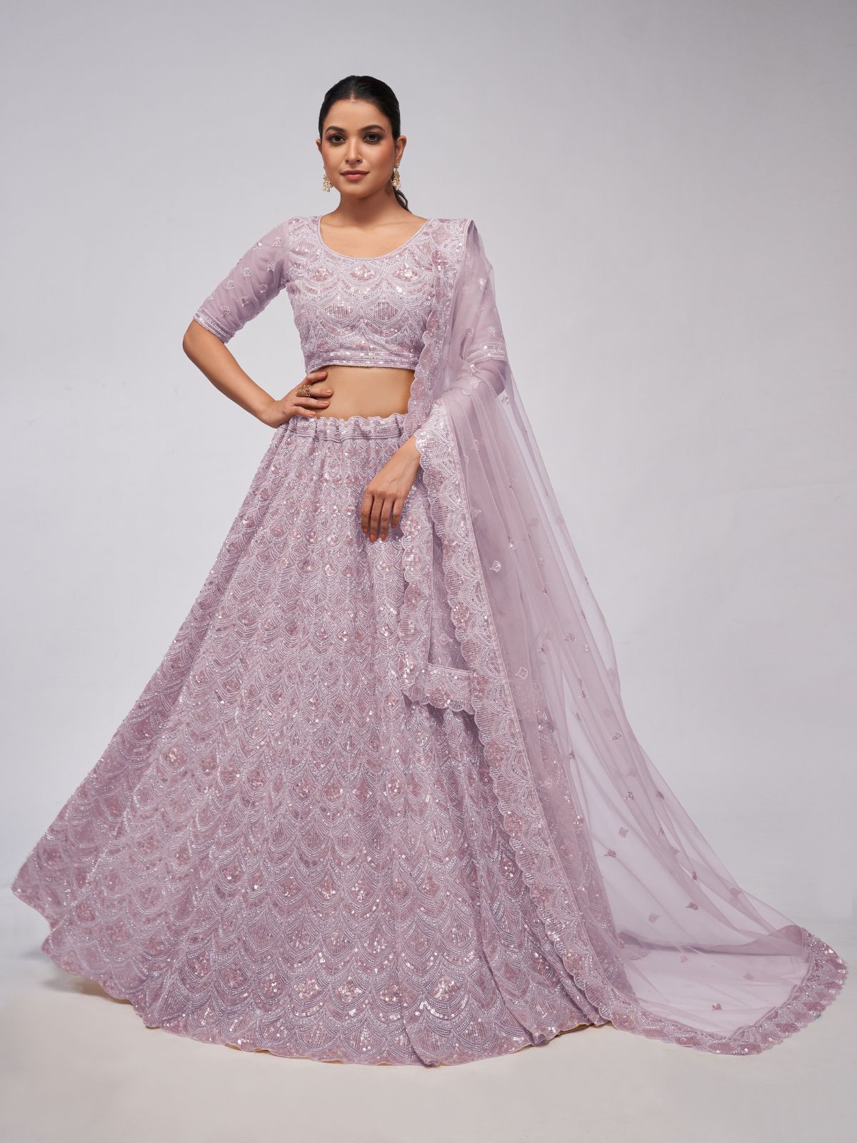 Odette Mauve Soft Net Embroidered Semi Stitched Lehenga With Unstitched Blouse For Women