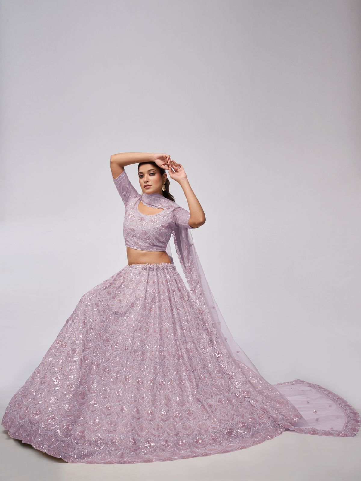 Odette Mauve Soft Net Embroidered Semi Stitched Lehenga With Unstitched Blouse For Women