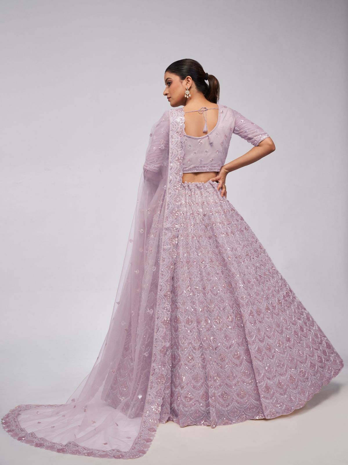 Odette Mauve Soft Net Embroidered Semi Stitched Lehenga With Unstitched Blouse For Women