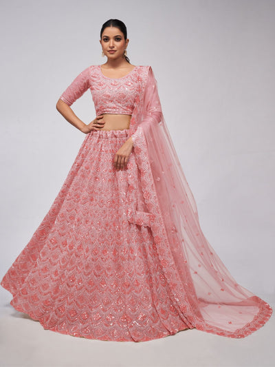 Odette Pink Soft Net Embroidered Semi Stitched Lehenga With Unstitched Blouse For Women