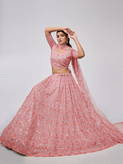 Odette Pink Soft Net Embroidered Semi Stitched Lehenga With Unstitched Blouse For Women